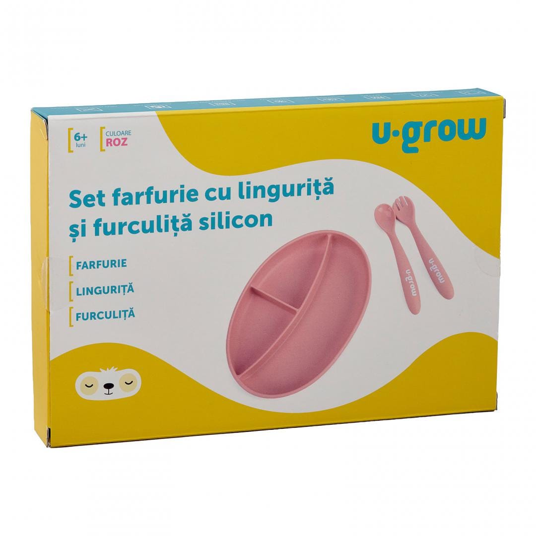 U-Grow Alimentație bebe Set Farfurie cu Lingurita si Furculita Silicon U-Grow UG-SET9PK | Roz