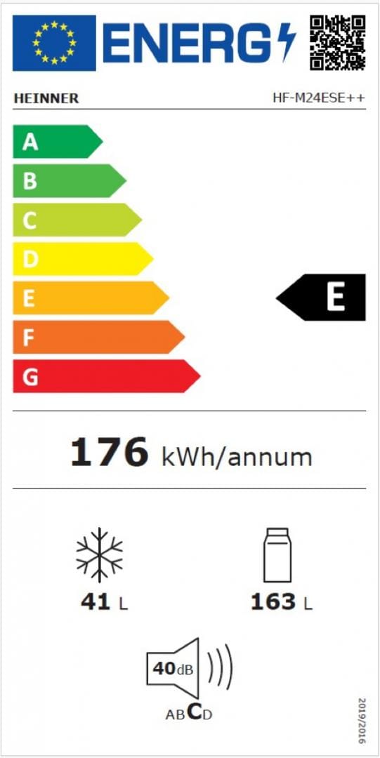 Heinner Frigider Frigider cu doua usi Heinner HF-M24ESE++, 204L, frigider 163L, congelator 41L, Clasa E, control electronic cu termostat ajustabil, lumina LED, rafturi de sticla, 55 x 55 x 143 cm, Argintiu