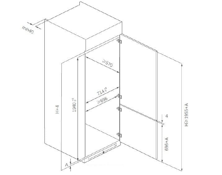 Heinner Combina frigorifica Combina Frigorifica Incorporabila Heinner HCNF-BIM403INVD | No Frost, Clasa D, 403L, 69x55x195.3cm