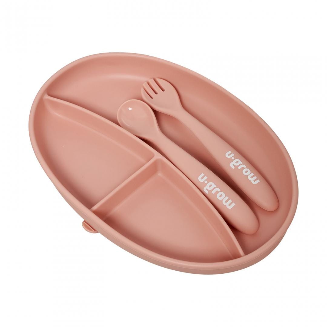 U-Grow Alimentație bebe Set Farfurie cu Lingurita si Furculita Silicon U-Grow UG-SET9PK | Roz