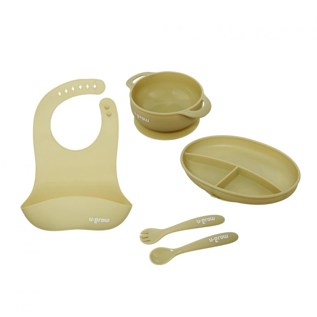 U-Grow Alimentație bebe Set Diversificare Silicon U-Grow UG-SET2OV | 5 Piese, Baveta, Bol, Farfurie, Lingurita, Furculita, Olive
