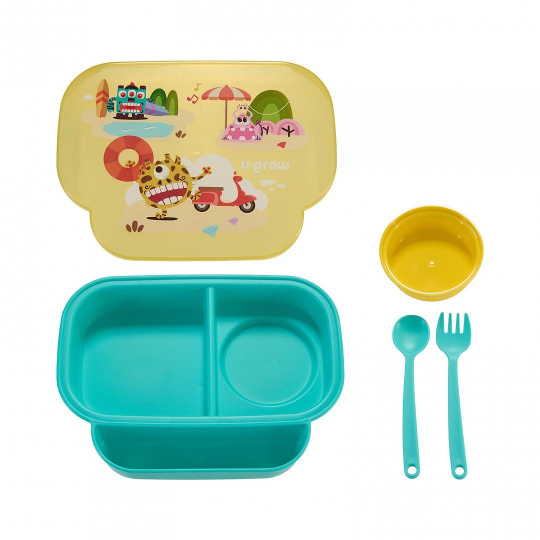 U-Grow Alimentație bebe Farfurie Compartimentata U-Grow A-1420BL | Cu Capac, Lingurita, Furculita, Galbena