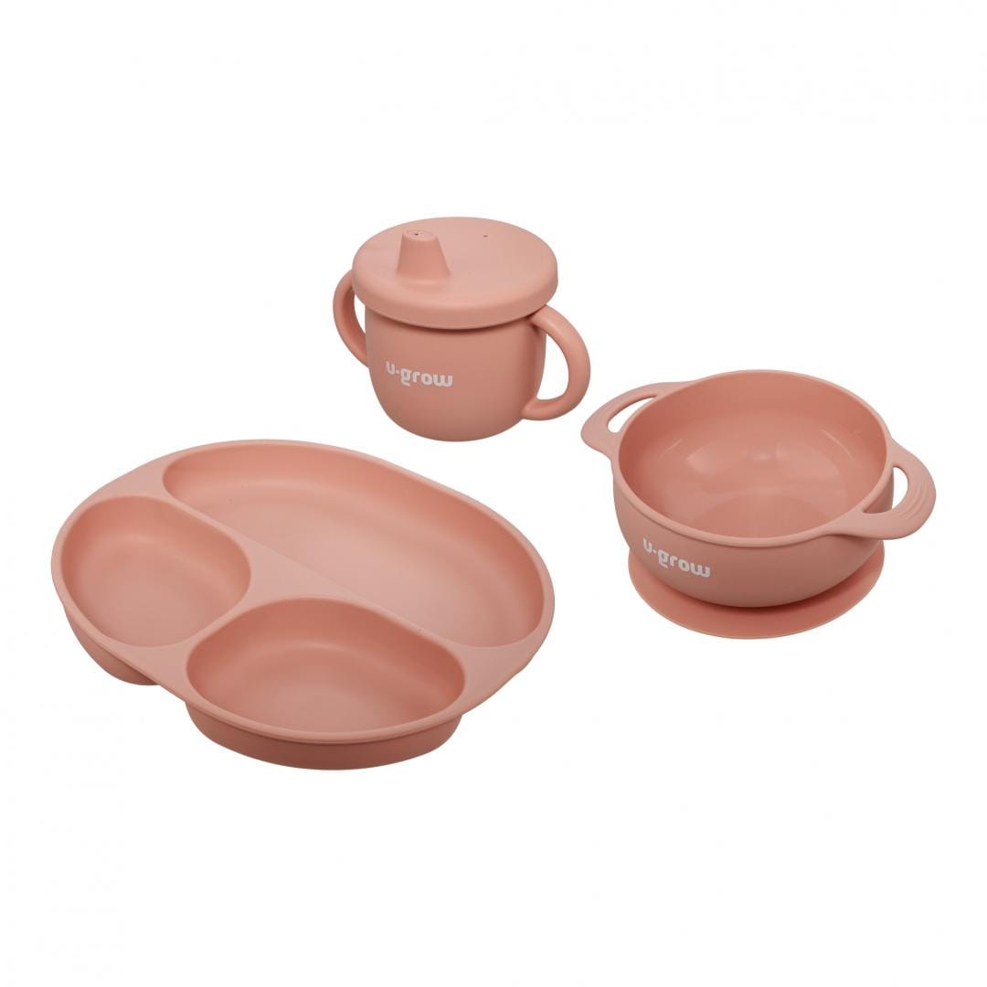 U-Grow Alimentație bebe Set Diversificare U-Grow UG-SET15PK | 3 Piese Silicon, Bol, Farfurie, Cana cu Cioc, Roz