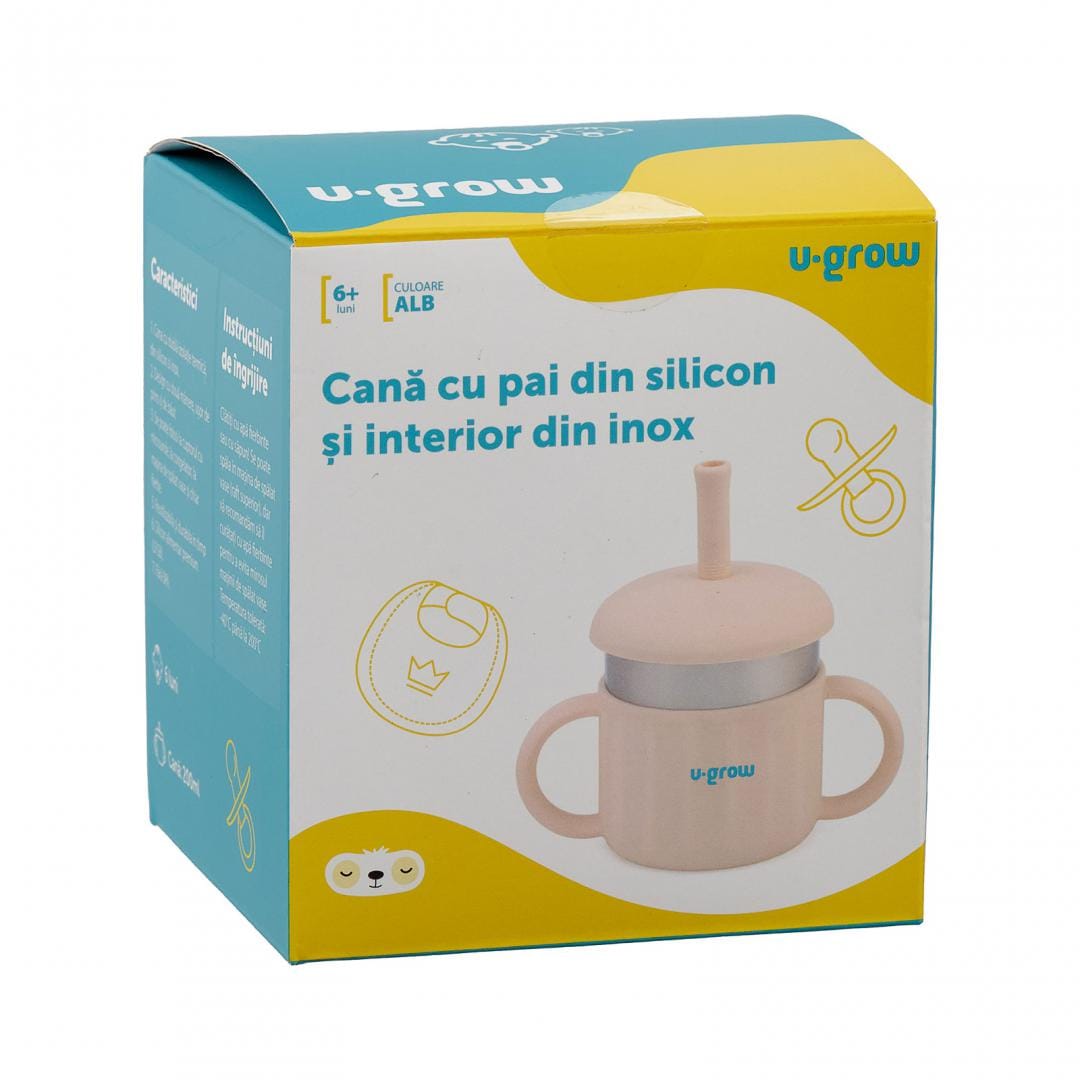U-Grow Alimentație bebe Cana Silicon U-Grow UG-SCT01WH | 220ml, Pai, Interior Inox