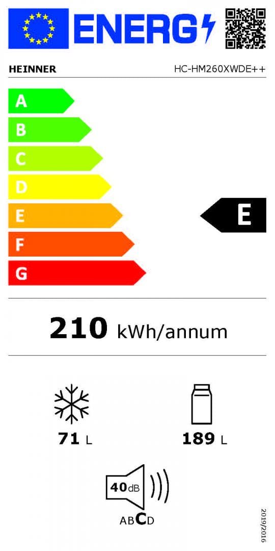 Heinner Combina frigorifica Combina frigorifica Heinner HC-HM260XWDE++ | 262L, No Frost, Clasa E, Alb, 55x56x180cm