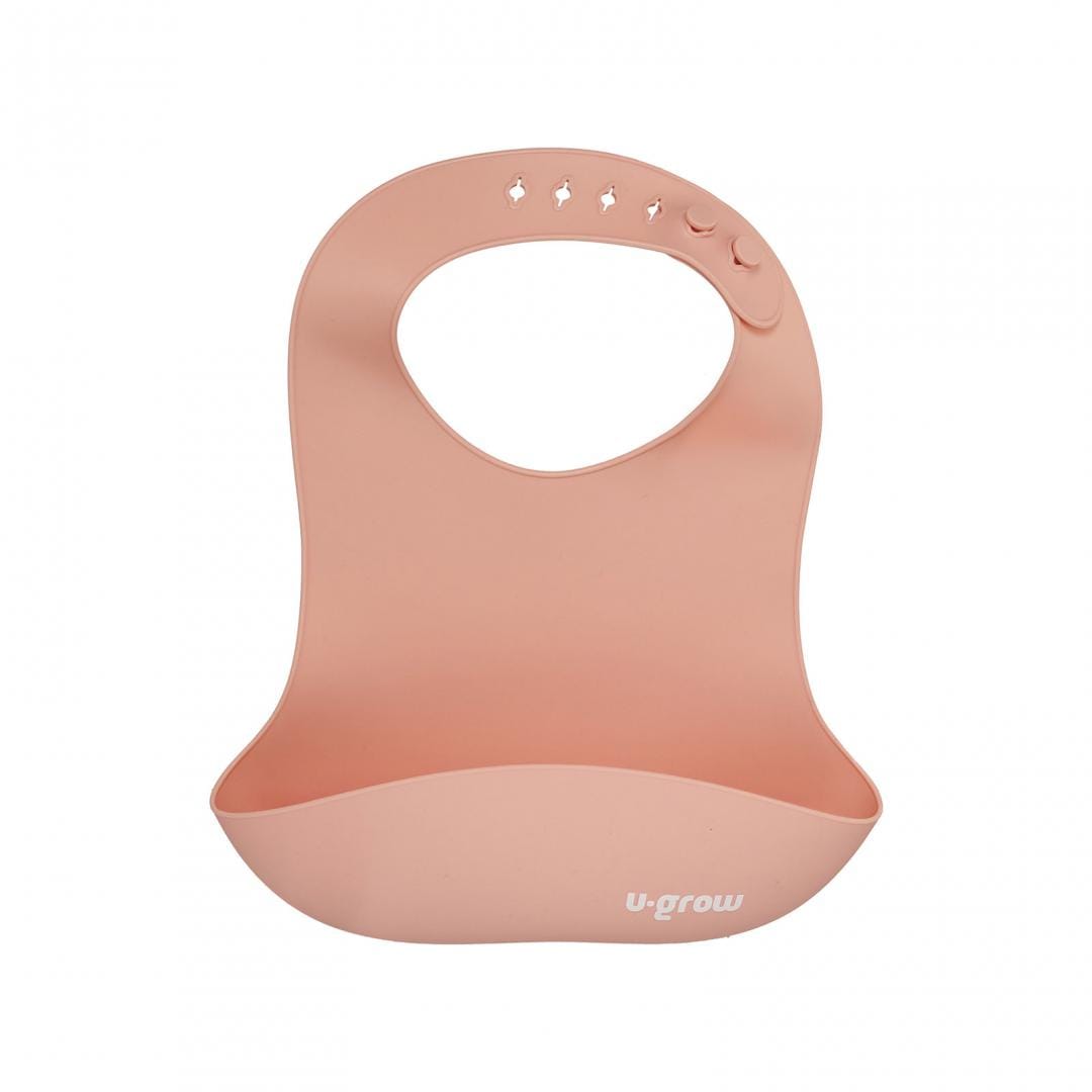 U-Grow Alimentație bebe Set Diversificare Silicon U-Grow UG-SET2PK | 5 Piese, Baveta, Bol, Farfurie, Lingurita, Furculita, Roz