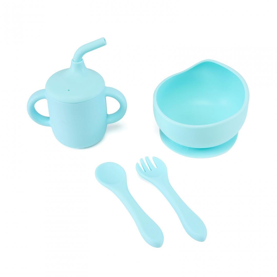 U-Grow Alimentație bebe Set Diversificare Silicon U-Grow UG-422BL | 4 Piese, Cana cu Pai, Bol, Lingurita, Furculita, Albastru