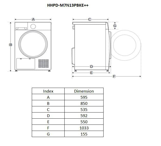 Uscator de rufe Heinner HHPD-M7N13PBKE++ | 7kg, Pompa de caldura, Clasa E, Alb, 59.5x60x85cm