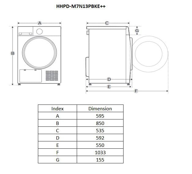 Heinner Uscator de rufe Uscator de rufe Heinner HHPD-M7N13PBKE++ | 7kg, Pompa de caldura, Clasa E, Alb, 59.5x60x85cm