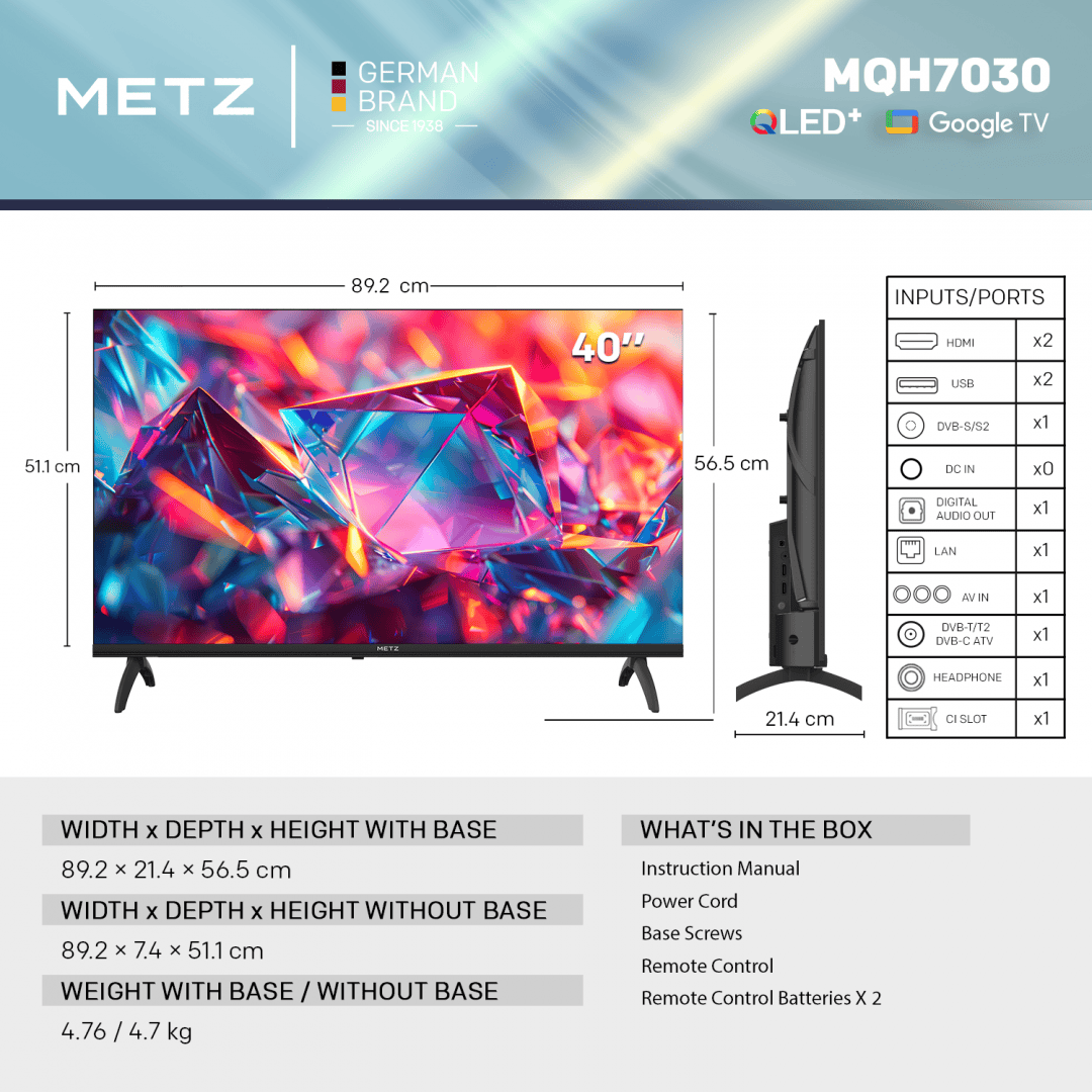Metz QLED TV Televizor Metz QLED 40MQH7030Z | 100 cm, Smart Google TV, Full HD