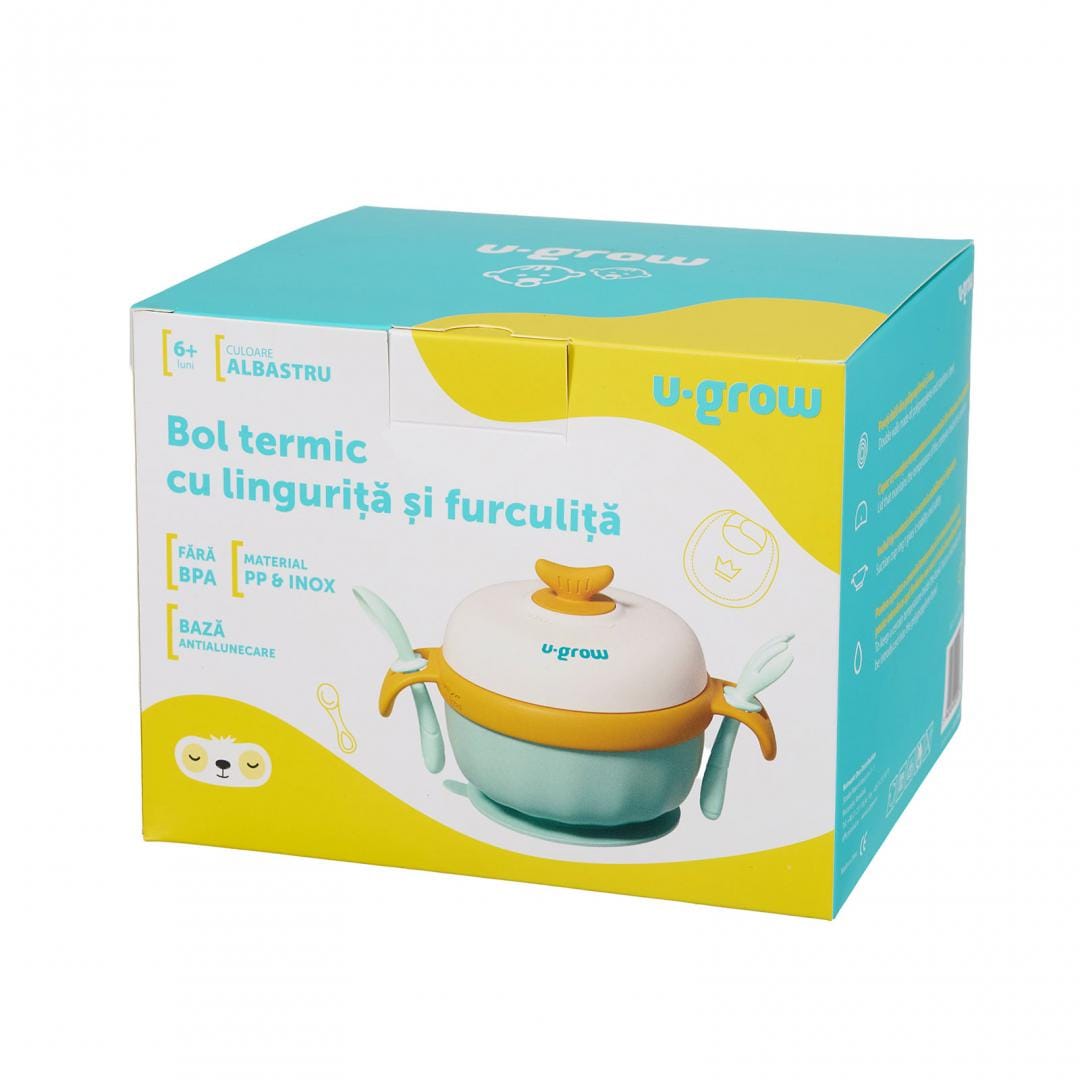 U-Grow Alimentație bebe Bol Termic U-Grow UG-235BL | Lingurita, Furculita, Baza Antialunecare, Blue