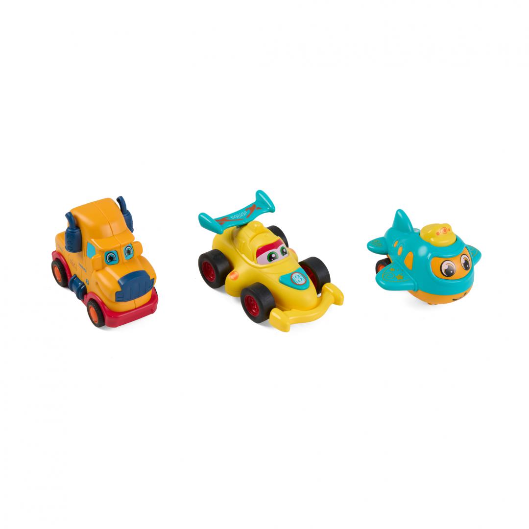 Set 3 Vehicule Actionate Prin Inertie- Camion Galben, Masina de Curse Galbena, Avion Albastru, Momki