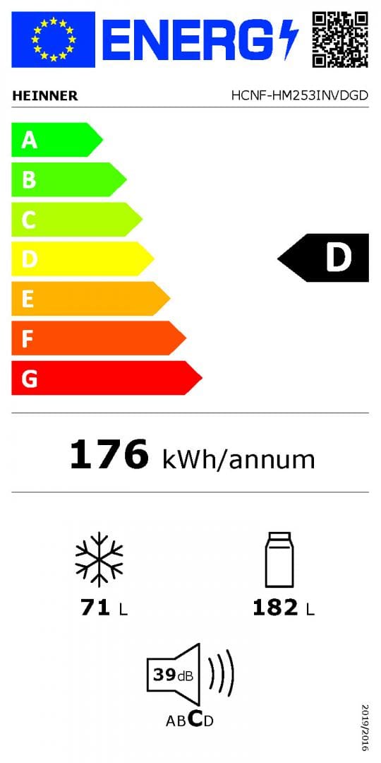 Heinner Combina frigorifica Combina Frigorifica Heinner HCNF-HM253INVDGD | 253L, No Frost, Inverter, Clasa D, 54.5x60x181cm