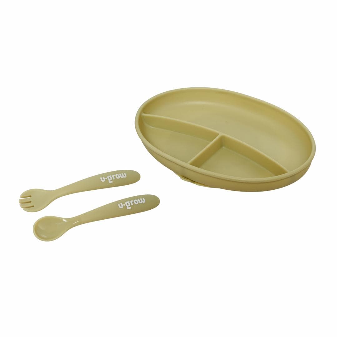 U-Grow Alimentație bebe Set Farfurie Silicon U-Grow UG-SET9OV | Lingurita, Furculita, Olive