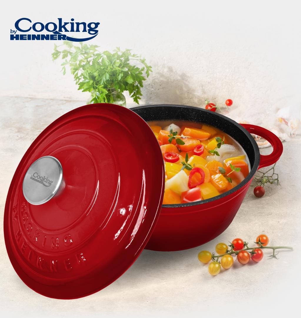 HEINNER CRATITA FONTA EMAILATA+CAPAC 22X9.5CM,2.9L, RED LINE, COOKING BY HEINNER