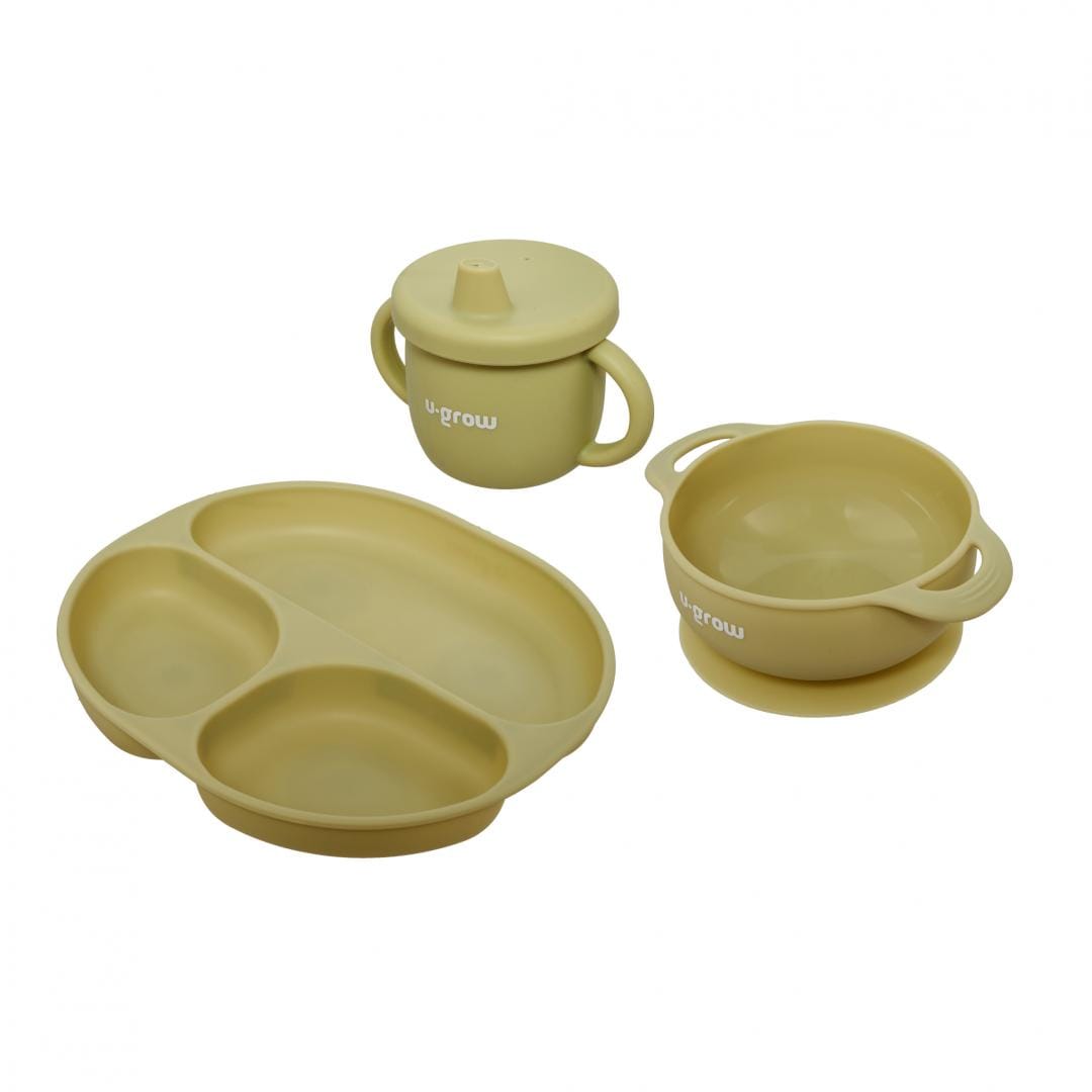 U-Grow Alimentație bebe Set Diversificare Silicon U-Grow UG-SET15OV | 3 Piese, Bol, Farfurie, Cana cu Cioc, Olive