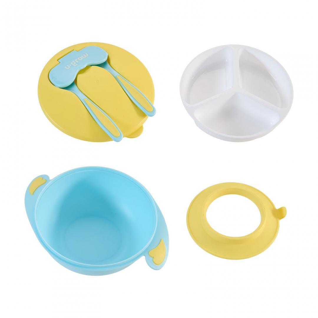 U-Grow Alimentație bebe Bol Compartimentat U-Grow A-1104BL | Ventuza Antialunecare, Capac, Lingurita, Furculita, Blue