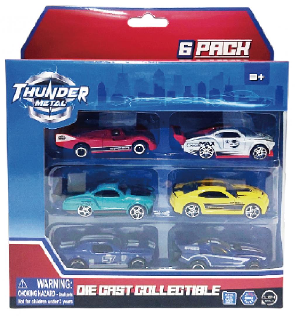 Macheta Die Cast, Set 6 Masini Curse, Scara 1/64, 7.5CM, Diverse Modele și Culori- Portocaliu, Galben, Bleu, Gri, Albastru, Alb, Negru — Cevodle