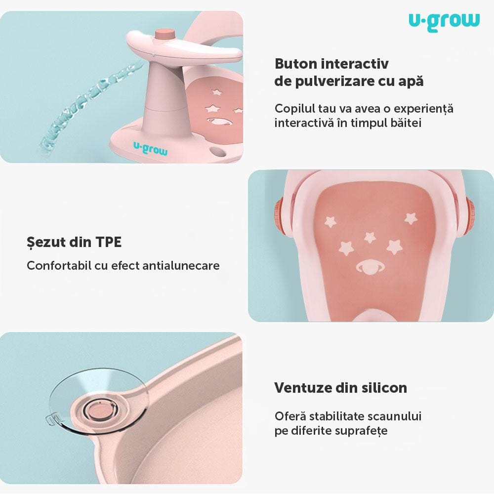 U-Grow Îngrijire bebe Scaun Baie Bebe U-Grow UGSB-0097-PK | Cu Ghidon, Spatar Reglabil, Roz Pal