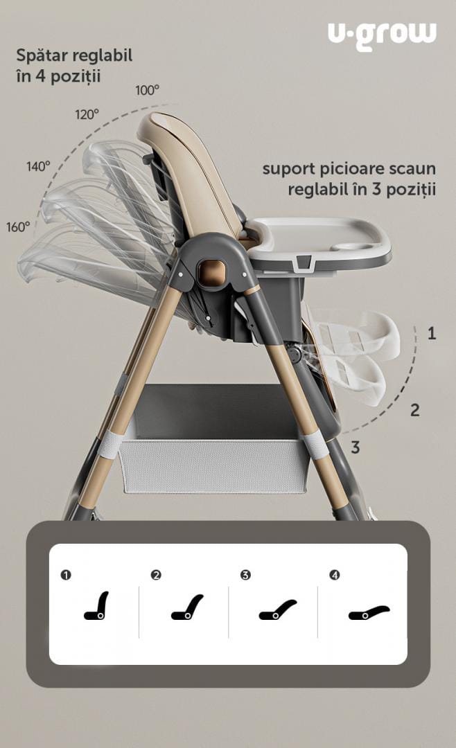 U-Grow Puericultură Scaun de Masa Copii U-Grow UG-330-BR | Inaltime Reglabila, Spatar 4 Pozitii, Pliabil, Brown