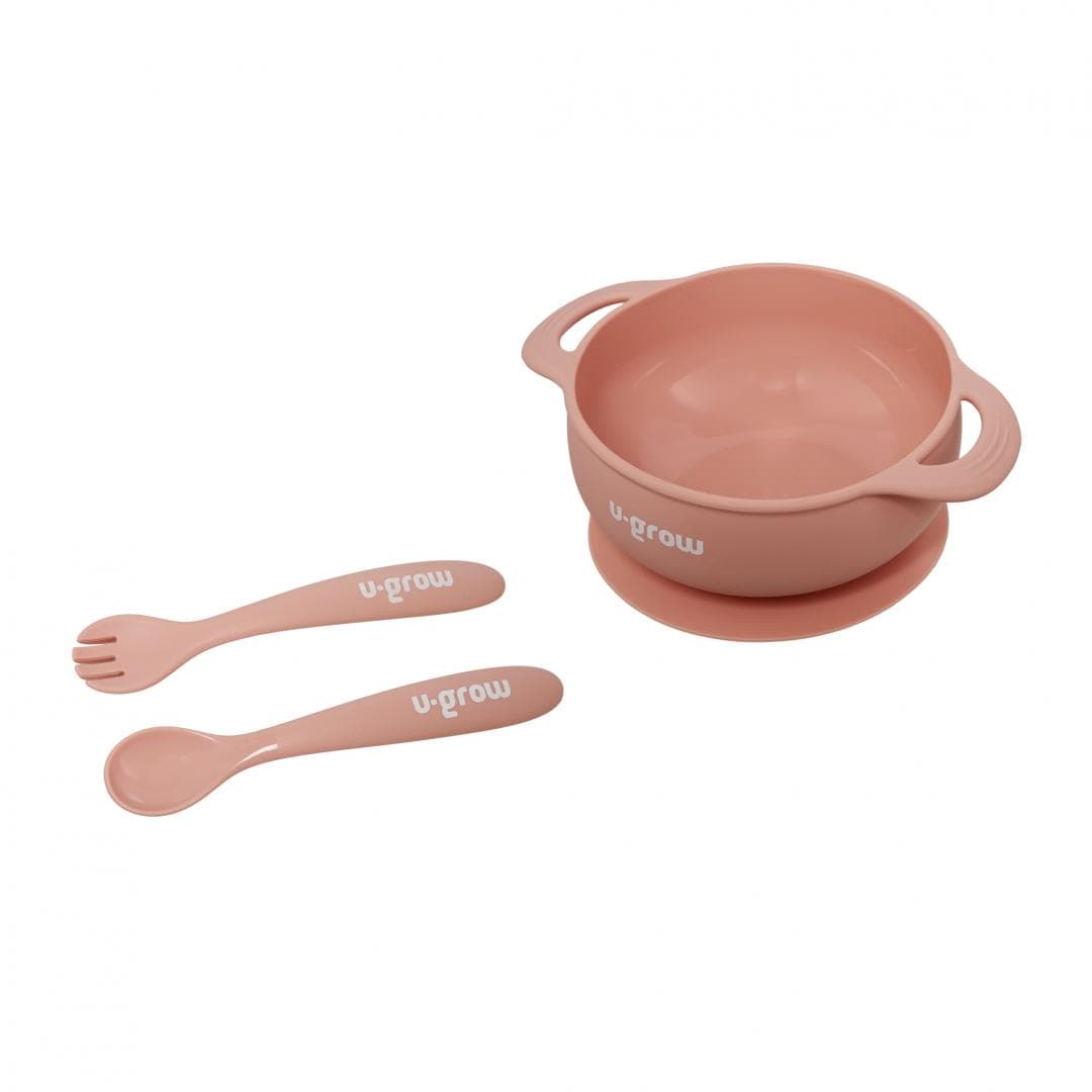 U-Grow Alimentație bebe Set Bol cu Lingurita si Furculita U-Grow UG-SET11PK | Silicon, Roz