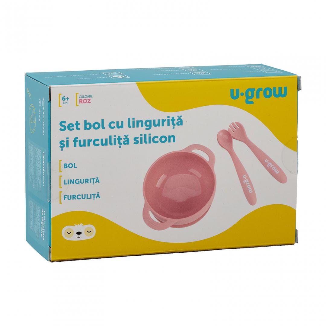 U-Grow Alimentație bebe Set Bol cu Lingurita si Furculita U-Grow UG-SET11PK | Silicon, Roz