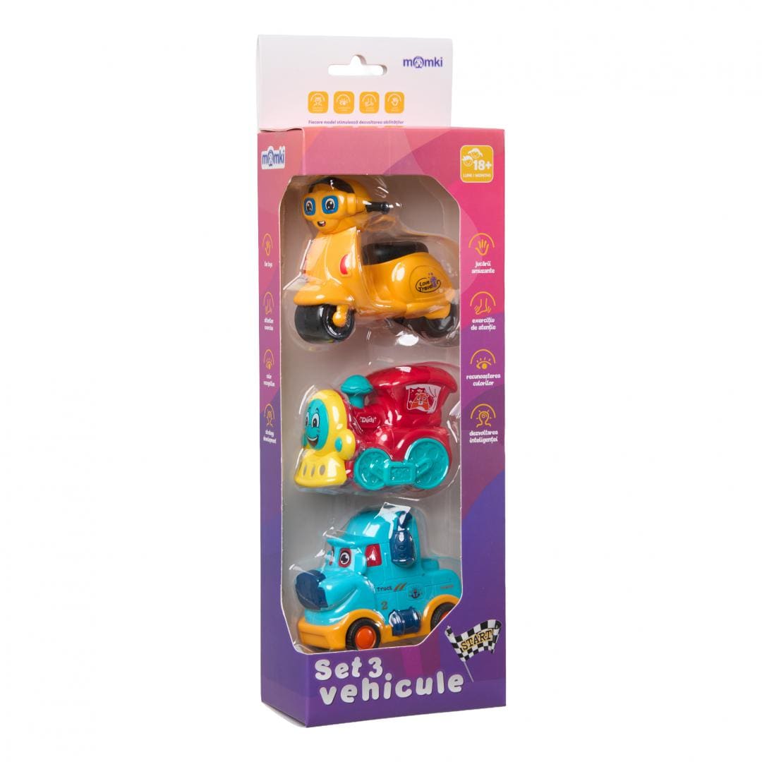 MomKi Jucării Set Vehicule Momki MOMKI899-17AABS | 3 Piese, Inertie, Masinuta, Tren, Scuter