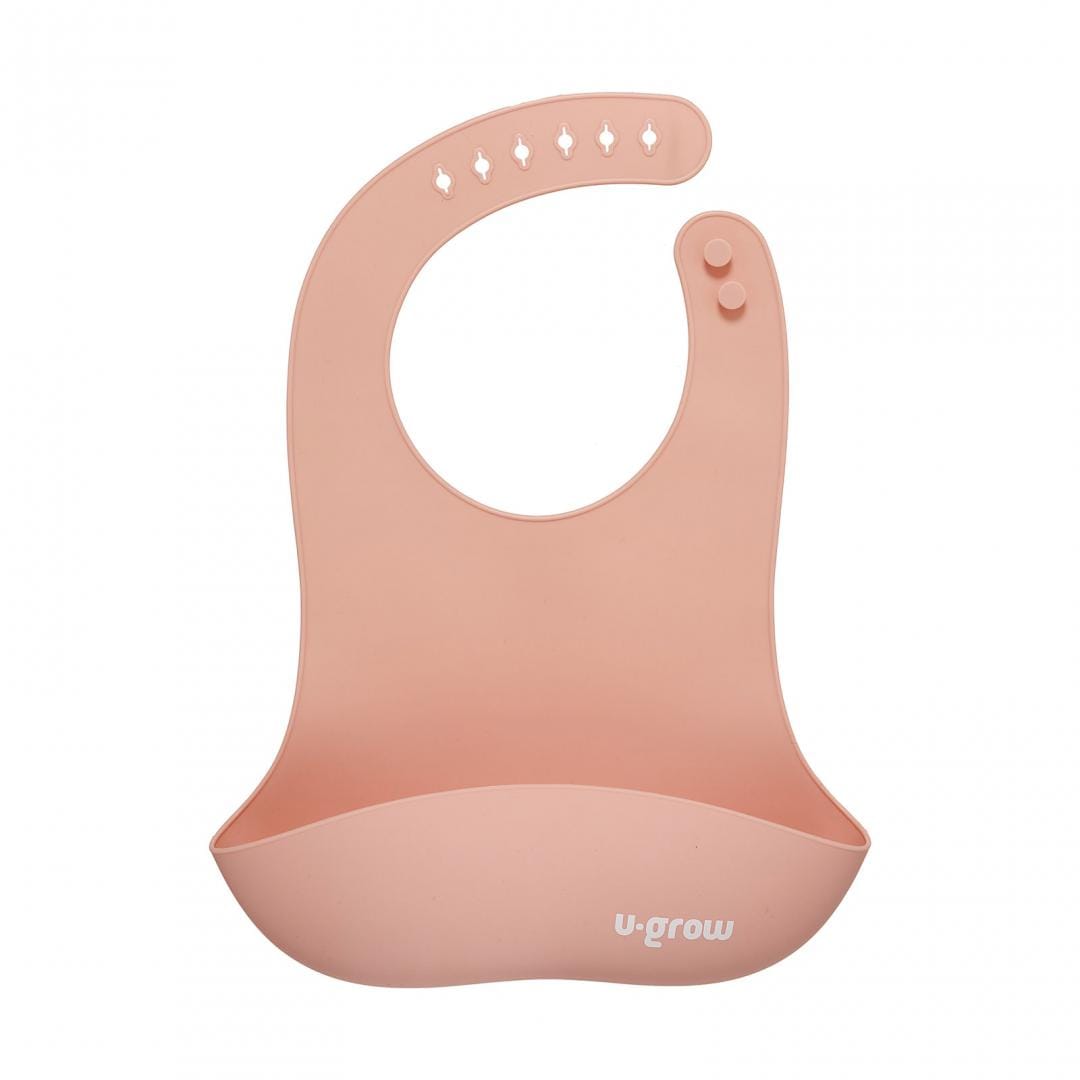 U-Grow Alimentație bebe Set Diversificare Silicon U-Grow UG-SET2PK | 5 Piese, Baveta, Bol, Farfurie, Lingurita, Furculita, Roz
