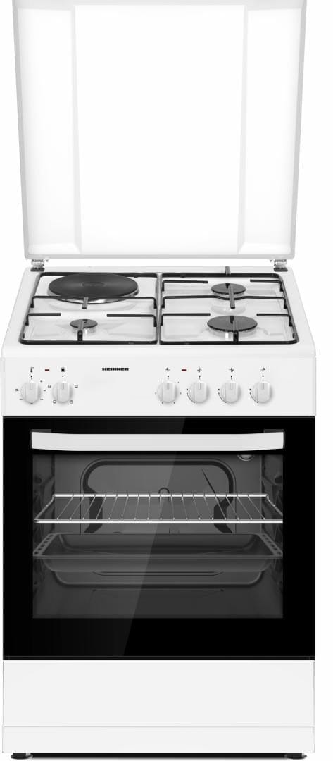 Heinner Aragaz Aragaz Mixt Heinner HFSC-S60E1HSWH | 60cm, 4 Arzatoare, Cuptor Electric, Alb, 60x60x83cm