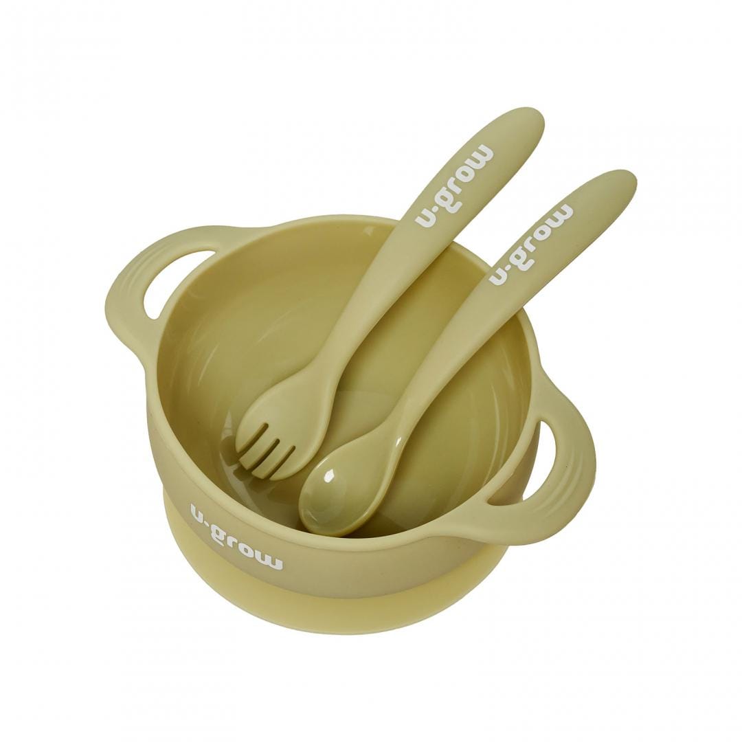 U-Grow Alimentație bebe Set Bol cu Lingurita si Furculita Silicon U-Grow UG-SET11OV | Olive, Antialunecare