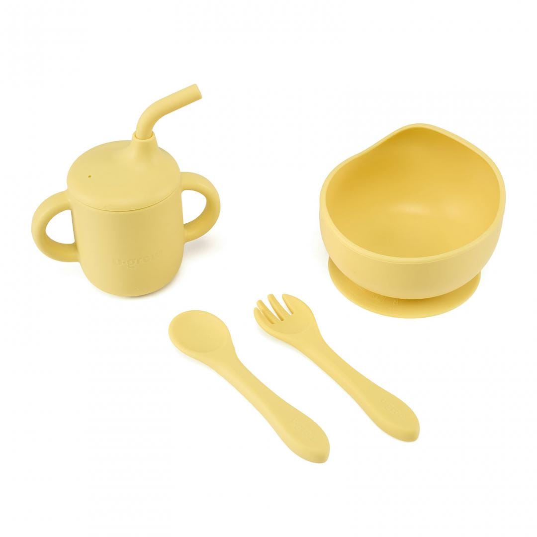 U-Grow Alimentație bebe Set Diversificare Silicon U-Grow UG-422YE | 4 Piese, Cana cu Pai, Bol, Lingurita, Furculita, Galben