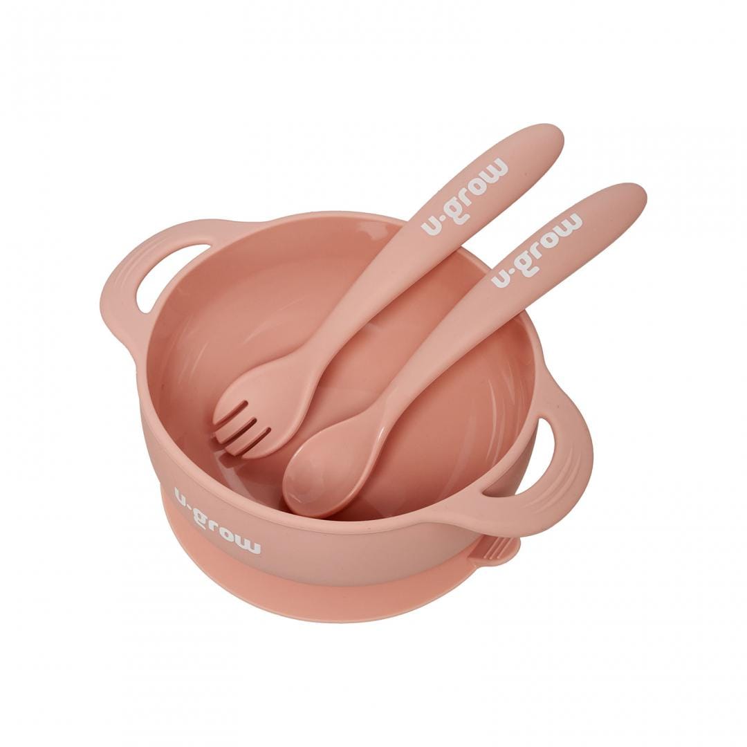 U-Grow Alimentație bebe Set Bol cu Lingurita si Furculita U-Grow UG-SET11PK | Silicon, Roz