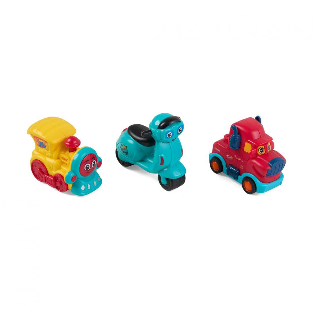 MomKi Jucării Set Jucarii Momki MOMKI899-17AR | 3 Vehicule cu Inertie, Masinuta, Tren, Scuter