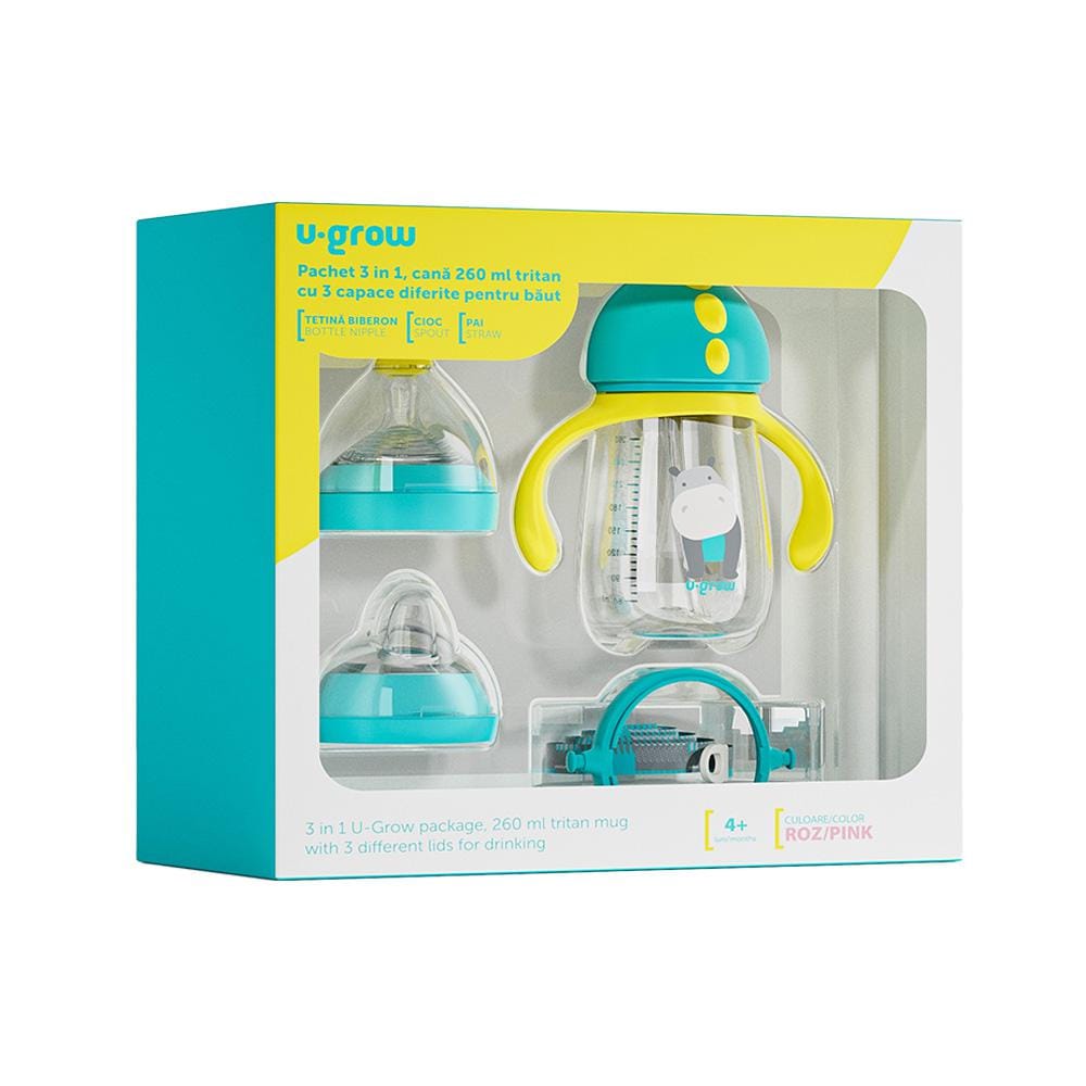 U-Grow Alimentație bebe Cana Bebe U-Grow UG-3IN1-BL | 260ml, Tritan, 3 Accesorii, Tetina, Cioc, Pai, Albastru