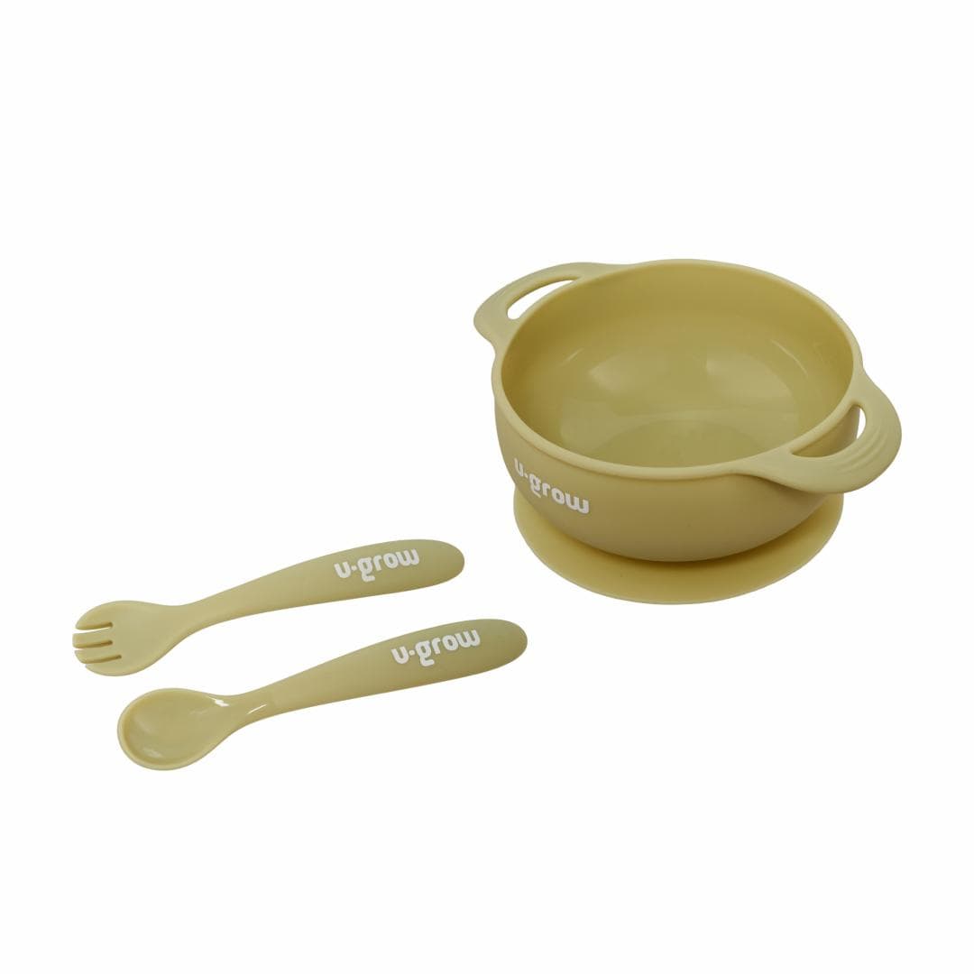U-Grow Alimentație bebe Set Bol cu Lingurita si Furculita Silicon U-Grow UG-SET11OV | Olive, Antialunecare