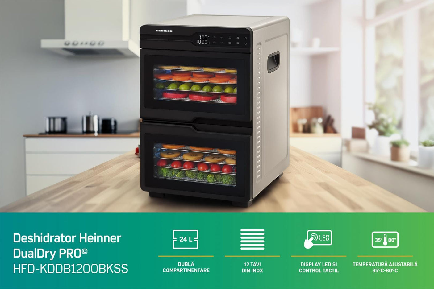 Heinner Deshidrator Deshidrator Alimente Heinner HFD-KDDB1200BKSS | 1200W, 12 Tavi Inox, Display LED, Dual Airflow