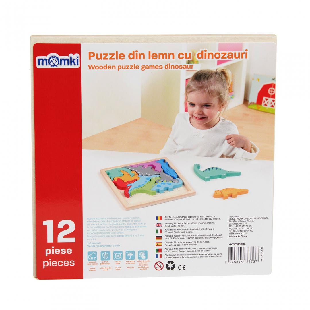MomKi Jucării Puzzle Momki MKT1078CGH2 | Lemn, Dinozauri, 12 Piese, Educativ