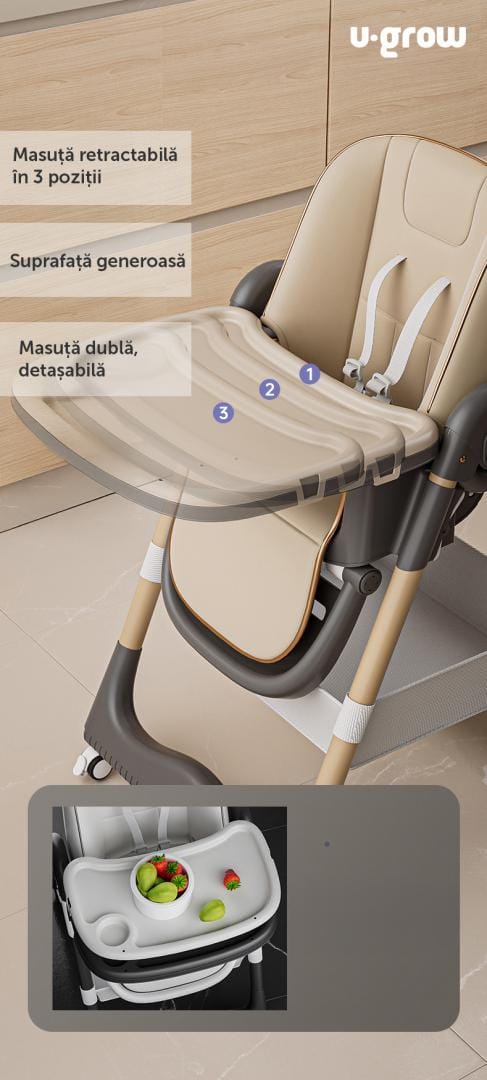 U-Grow Puericultură Scaun de Masa Copii U-Grow UG-330-BR | Inaltime Reglabila, Spatar 4 Pozitii, Pliabil, Brown