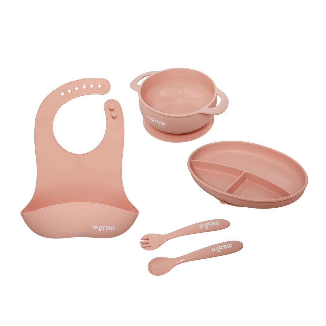 U-Grow Alimentație bebe Set Diversificare Silicon U-Grow UG-SET2PK | 5 Piese, Baveta, Bol, Farfurie, Lingurita, Furculita, Roz