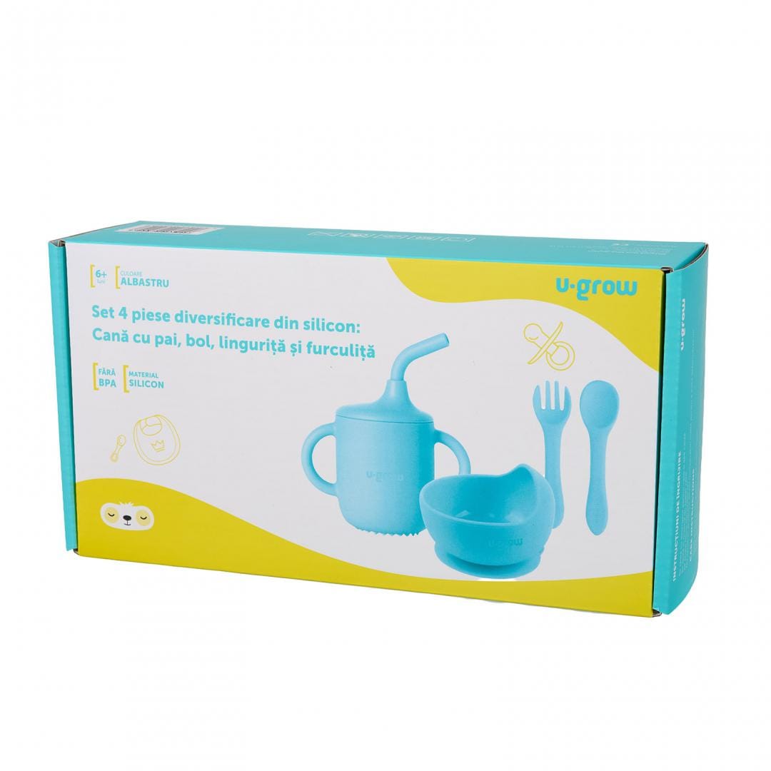 U-Grow Alimentație bebe Set Diversificare Silicon U-Grow UG-422BL | 4 Piese, Cana cu Pai, Bol, Lingurita, Furculita, Albastru