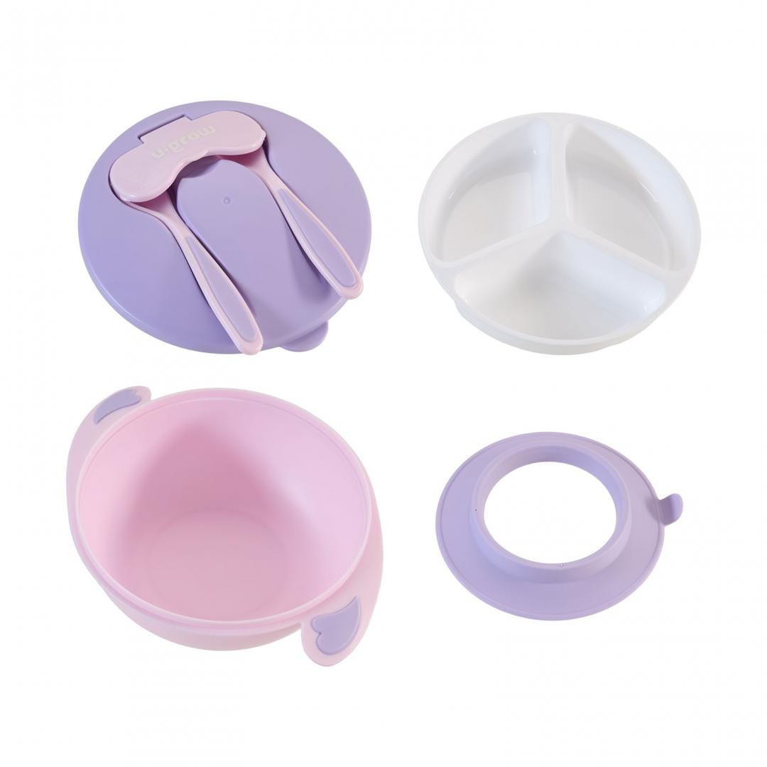 U-Grow Alimentație bebe Bol Compartimentat U-Grow A-1104PP | Ventuza Antialunecare, Capac, Lingurita, Furculita, Mov