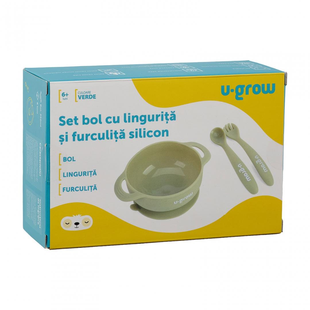 U-Grow Alimentație bebe Set Bol cu Lingurita si Furculita Silicon U-Grow UG-SET11OV | Olive, Antialunecare