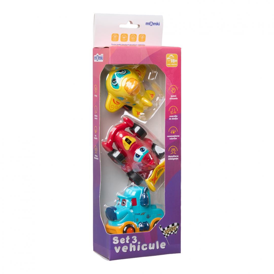 MomKi Jucării Set Jucarii MomKi MOMKI899-17EABS | 3 Vehicule cu Inertie, Camion, Masina Curse, Avion