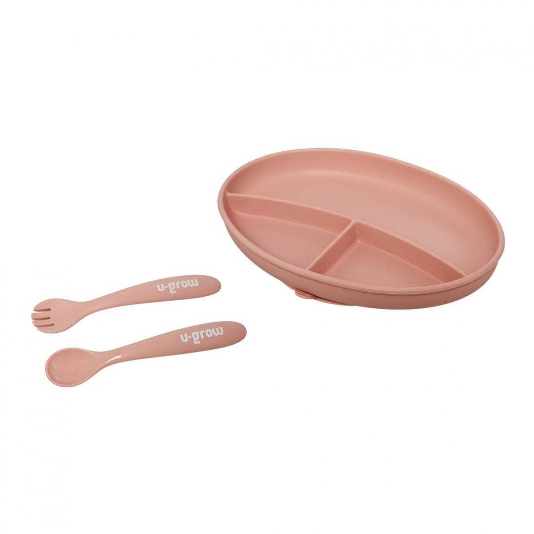 U-Grow Alimentație bebe Set Farfurie cu Lingurita si Furculita Silicon U-Grow UG-SET9PK | Roz