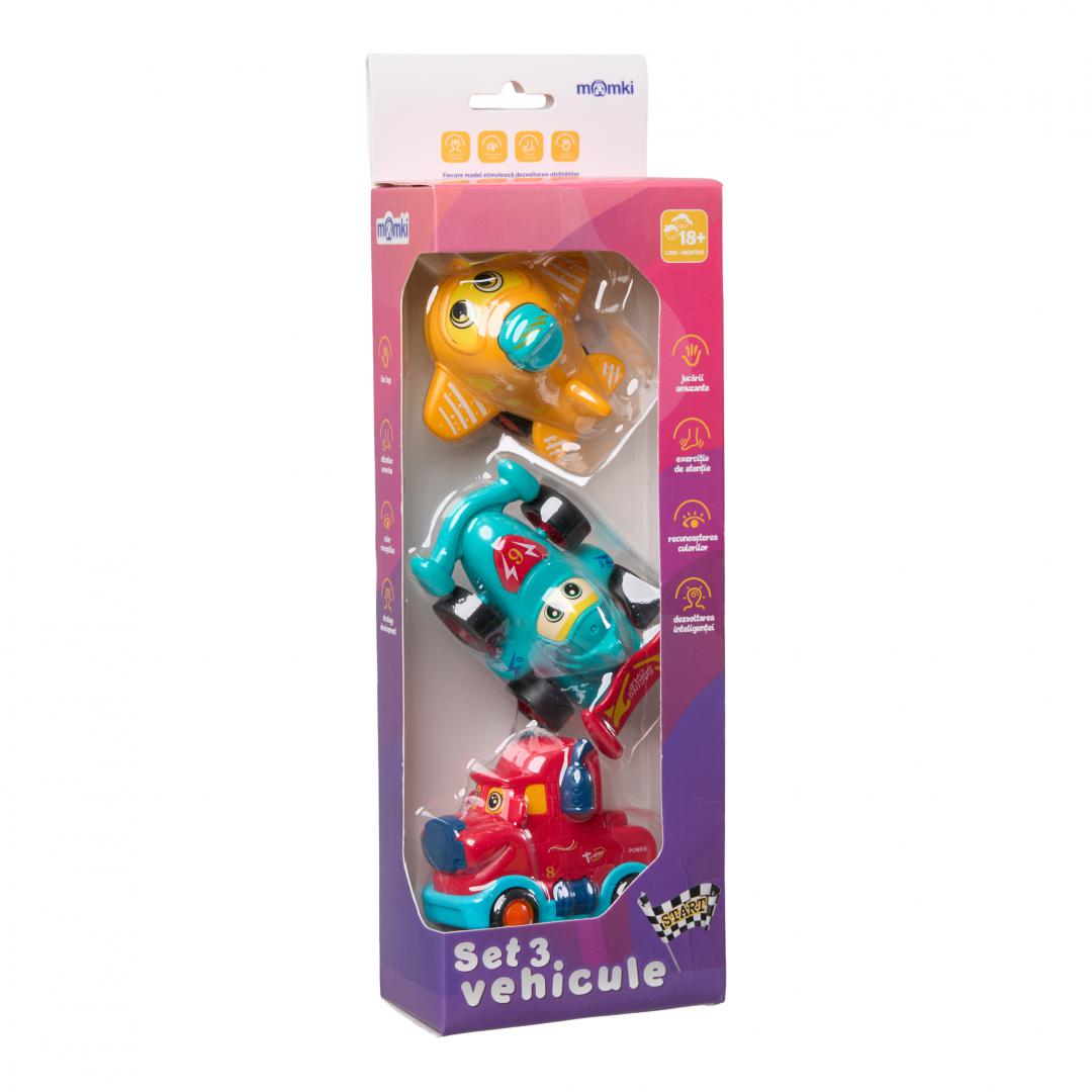 Set 3 Vehicule Actionate Prin Inertie- Camion Rosu, Masina de Curse Albastra, Avion Galben, Momki