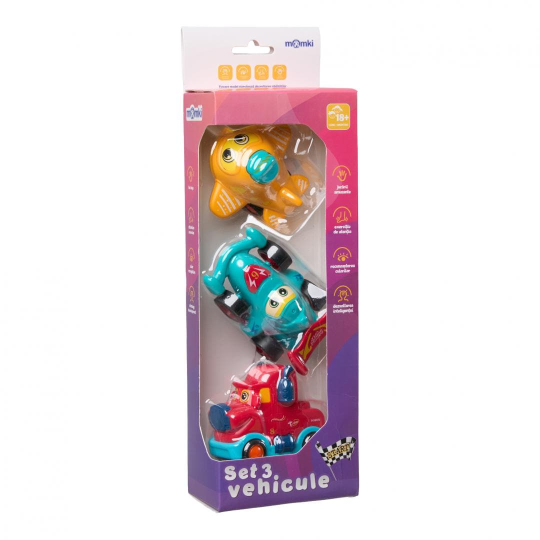 MomKi Jucării Set Jucarii MomKi MOMKI899-17ER | 3 Vehicule Inertie, Camion, Masina Curse, Avion