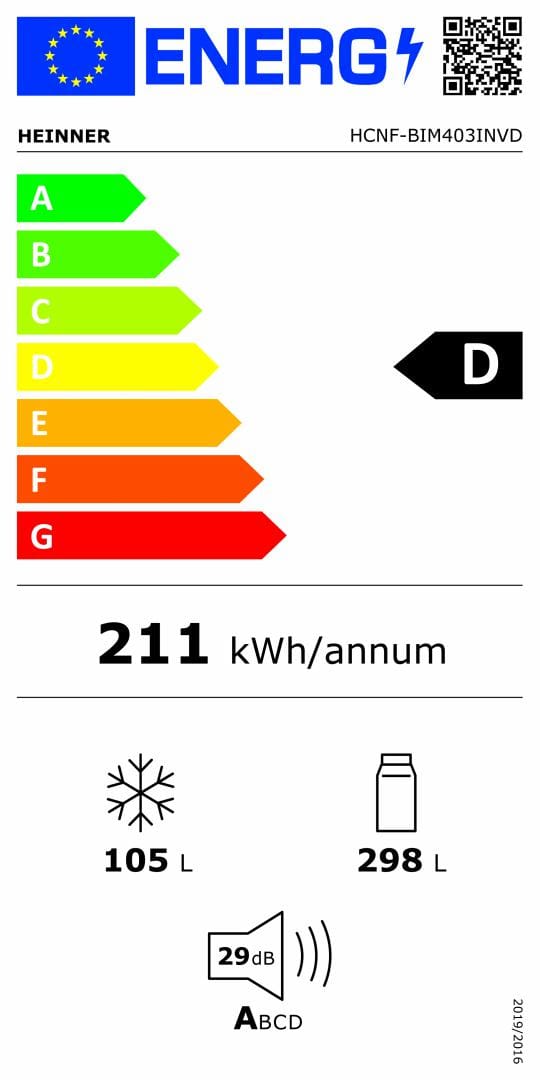 Heinner Combina frigorifica Combina Frigorifica Incorporabila Heinner HCNF-BIM403INVD | No Frost, Clasa D, 403L, 69x55x195.3cm