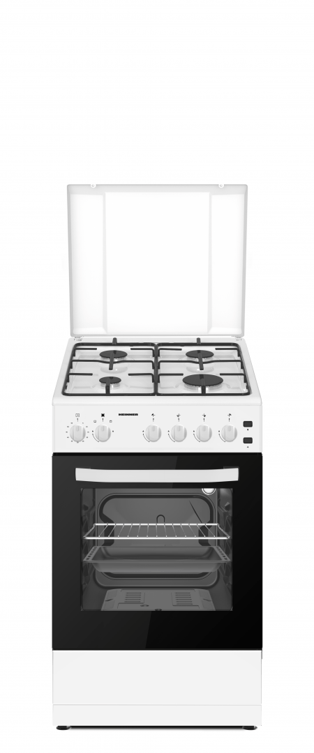 Heinner Aragaz Aragaz Gaz Heinner HFSC-S60LITGWH | 60cm, 4 Arzatoare, Capac Sticla, Alb, 50x60x85cm