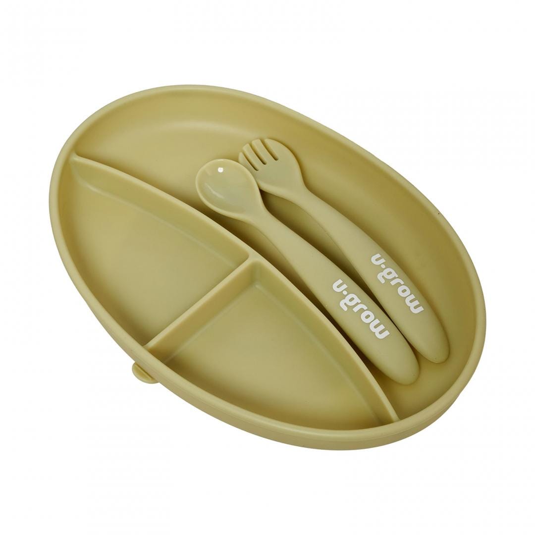 U-Grow Alimentație bebe Set Farfurie Silicon U-Grow UG-SET9OV | Lingurita, Furculita, Olive