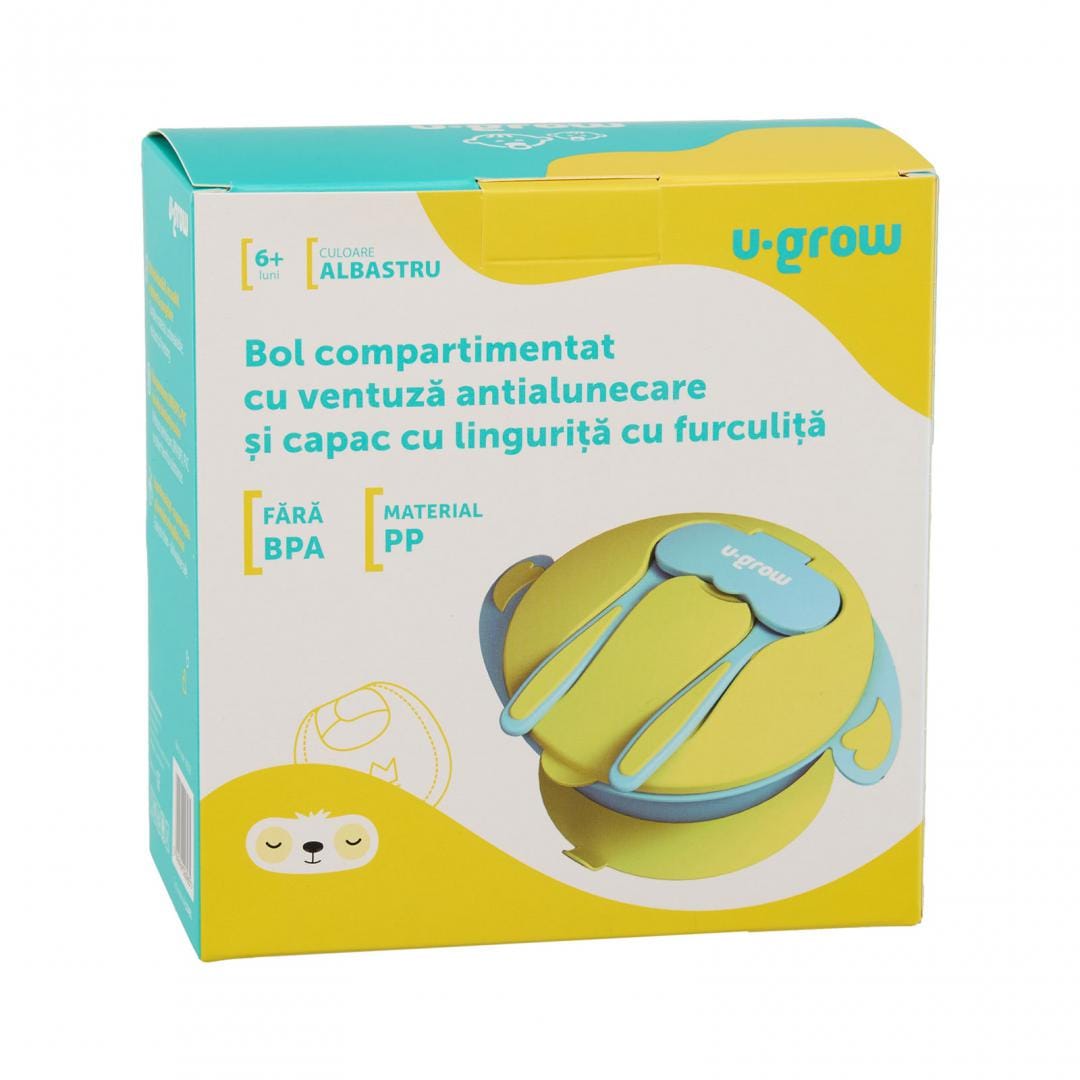 U-Grow Alimentație bebe Bol Compartimentat U-Grow A-1104BL | Ventuza Antialunecare, Capac, Lingurita, Furculita, Blue